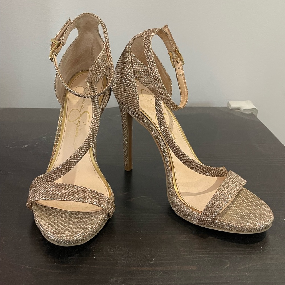 Gold Sparkle Jessica Simpson Strappy Heels Sz 6.5